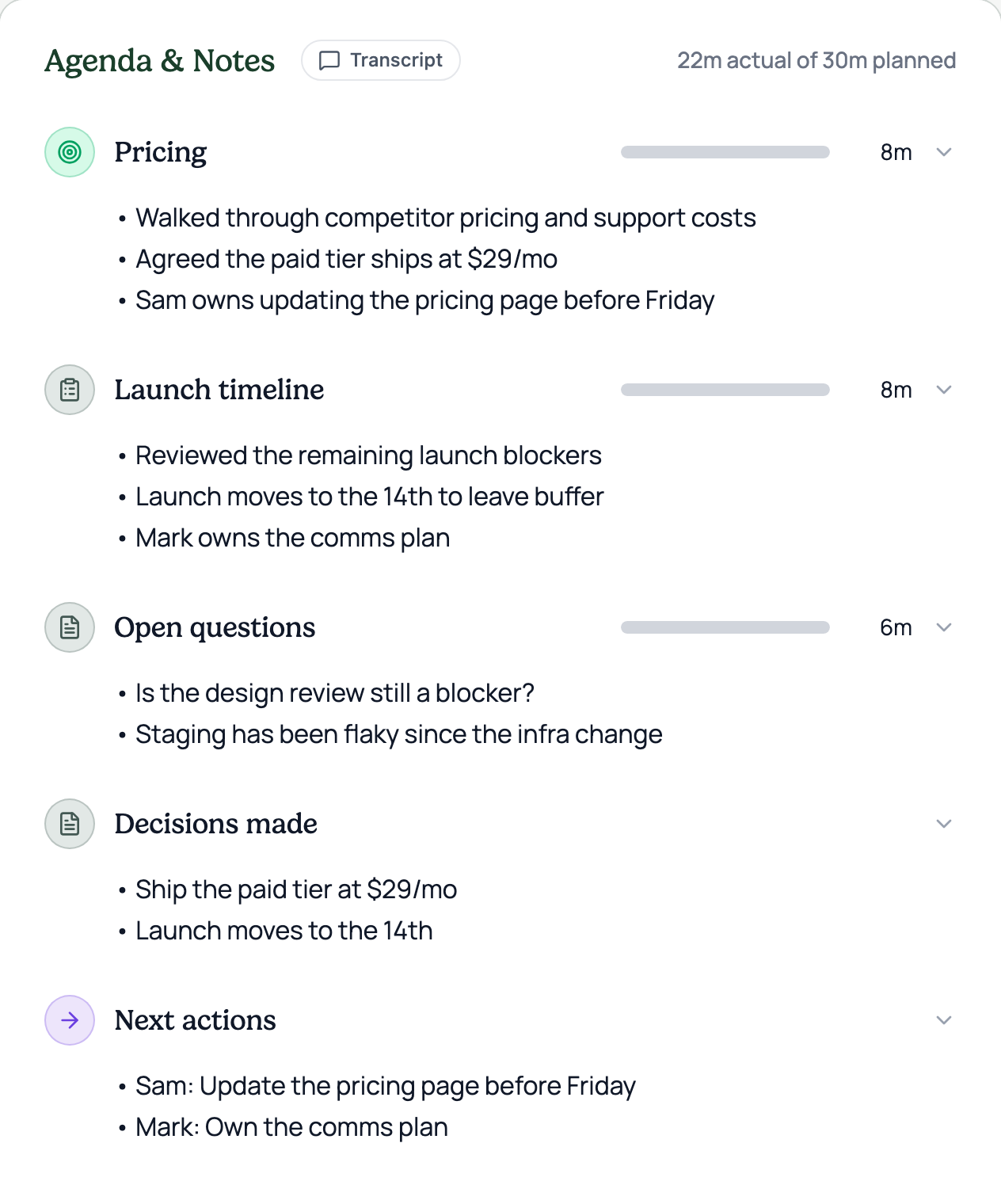 V1 — a Transcript button right beside the Agenda & Notes title.