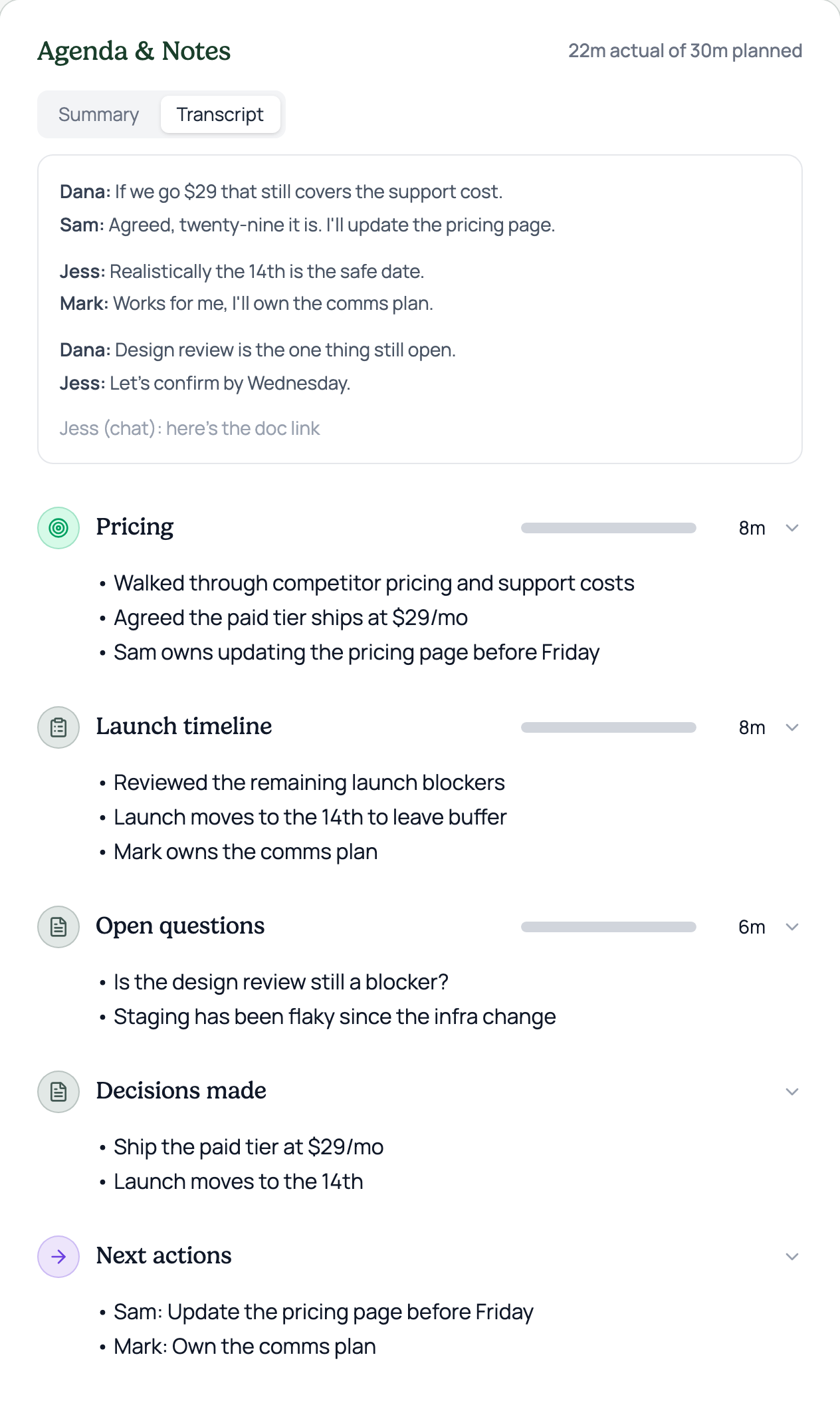 V3 — a Summary / Transcript toggle at the top of the notes.