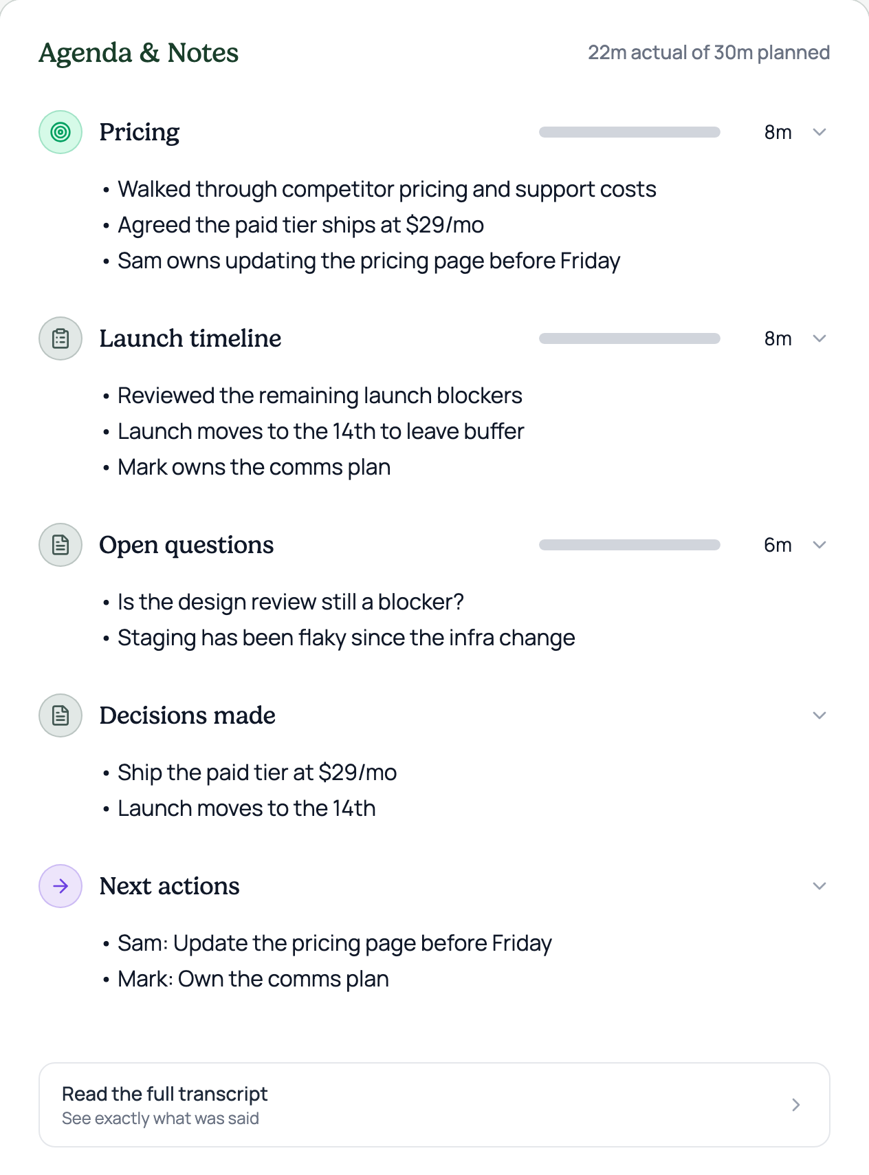 V4 — a Read the full transcript button at the end, below the current notes.
